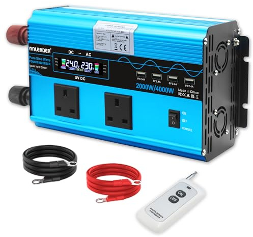 Yinleader 2000W /4000W Pure Sine Wave Inverter, 24V DC to 240V AC Converter with 2 UK 3-Pin Sockets, Smart LCD & Remote, Heavy Duty for 24V Lorry, HGV, Truck & Off-Grid