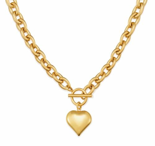 WOWORAMA Gold Chunky Chain Necklace for Women Puffy Heart Charm Choker Necklace Matte Gold Thick Chunky Chain Link Necklaces Toggle Clasp 19 Inches