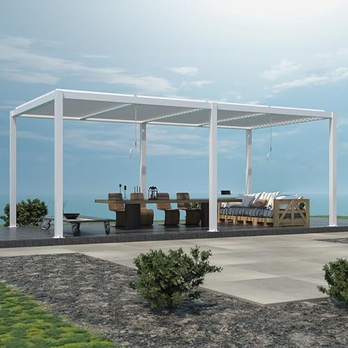 Primrose Deluxe Modern Patio Veranda Pergola Freestanding Carport White with Louvered Shutter Roof (6m x 3m)