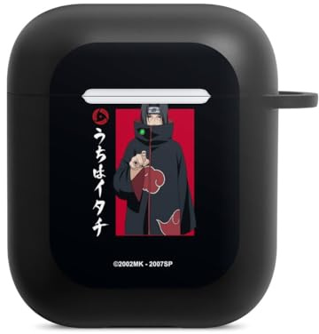 Hülle mit Karabiner kompatibel mit Apple AirPods (1. Generation) Case schwarz Schutzhülle mit Schlüsselanhänger Naruto Shippuden Itachi Uchiha Offizielles Lizenzprodukt