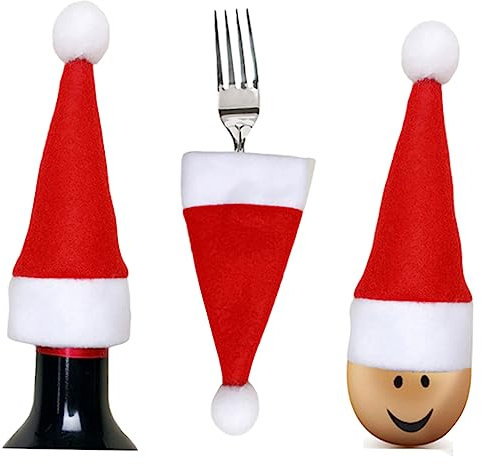 Veemoon 30pièces Pochettes Couverts Noël Forme De Bonnet Fête Housses Bouteilles Et Rangement Fourchettes Décorations De Table Festives pour Maison Et Restaurant