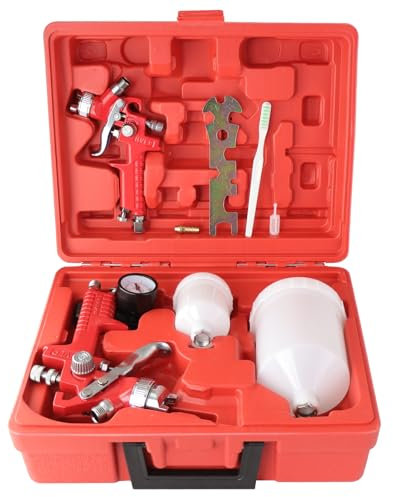 2 Set HVLP Paint Sprayer Set with 0.8MM & 1.4MM Nozzle Professional Air Gravity Feed Spray Gun Kit with 125ML & 600ML Cup & Pressure Gauge for Painting Car Furniture (Red)