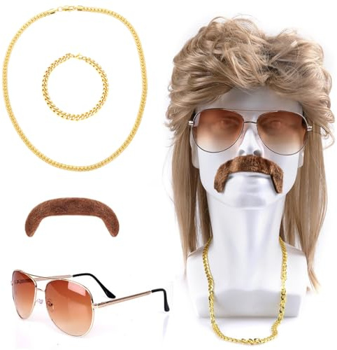 Xerteam 5er Herren Vokuhila Perücke Set, 70er 80er Jahre Disco Blond Perücken Wig mit Halskette Schnurrbart Sonnenbrille Armband, Karneval Halloween Party Kostüm Faschingskostüme