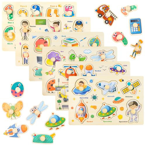NewZC Greifpuzzle Holz Set 6 Montessori Pädagogisches Holzpuzzle mit Griff Lernspielzeug Steckpuzzle Kleinkinder für Mädchen Jungen ab 3 Jahre-Zahlen Transport Insekten Berufe Schulbedarf Weltraum