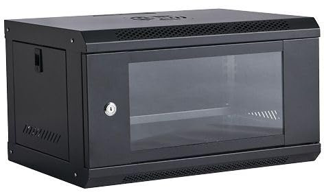 Armadio Rack da Parete 6U 19 in Acciaio Nero con Porta in Vetro Temperato e Serratura – 53x40x30 cm – Compatto e Ventilato per Server, Switch, Router, DVR e NVR
