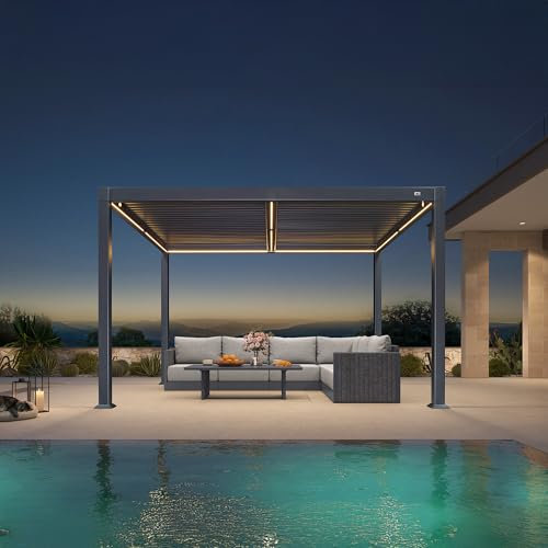 Pergola bioclimatica in alluminio, 3 x 3,65 m, impermeabile, gazebo da giardino con doghe regolabili e luci a LED, perfetto per terrazza, patio e posto auto, baldacchino grigio per esterni