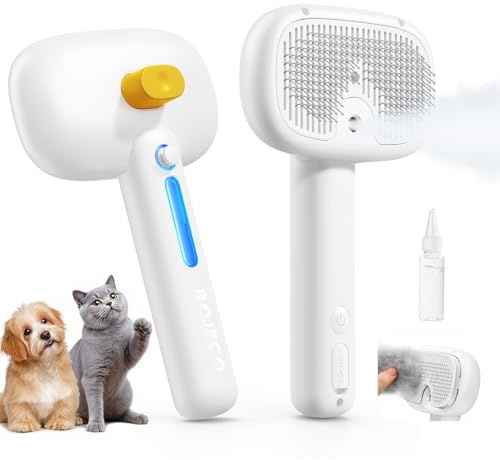 ROJECO 3-in-1 Steam Cat Brush for Short/Long haired Cats, Pet Cat Hair Remover Grooming Brush with Large Water Tank, Rechargeable Comb to Remove Shedding Fur, Includes Massage for Kittens