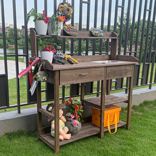 Pflanzbank Aus Massivholz Mit Herausnehmbarer Spüle, Pflanztisch Outdoor, Balkontisch Mit Unterschrank Aus Holz, Für Garten Und Terrasse(B - Brown)
