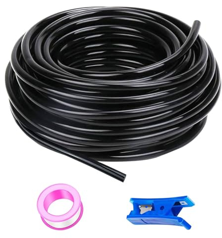 HUAZIZ 50 m Schwarz PU Pneumatikschlauch, Pneumatic Polyurethane Schlauch, Flexibel Druckluftschlauch, Außen 6 mm x Innen 4 mm + 1 Stück Blau Schlauchcutter +1Stück Rosa Teflonband