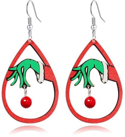 Weihnachts Ohrringe für Damen Holz Tropfenförmig Anhänger mit Grünem Hand Rot Perle Charm Baumeln Schmuck Geschenke für Weihnachten Neujahr Party