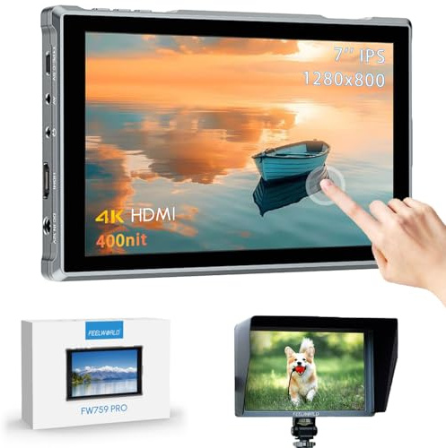FEELWORLD FW759 Pro Touchscreen Camera Field Monitor 7 Pouces Peaking Video Assist, 300g, 4K HDMI 1280X800 Compatible avec DSLR avec Parasol, Support pour DC, Type-C et NP-F Alimentation
