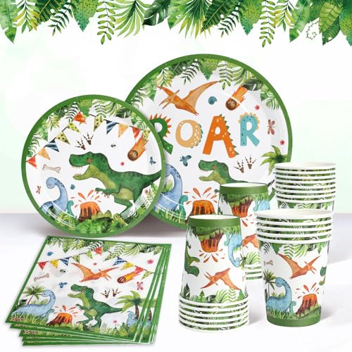 Stoviglie per Feste di Dinosauro, 96 Pezzi Stoviglie Tema Dinosauri Inclusi Piatti Carta Tovaglioli Bicchieri, Piatti e Bicchieri per Feste Compleanno, Decorazioni Dino Feste Ragazzi Bambini 24 Ospiti