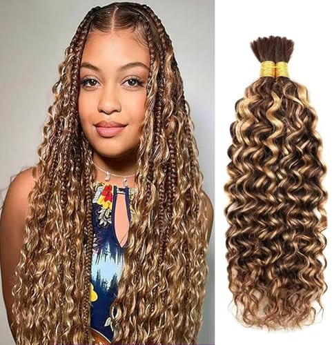 Yuefer Water Wave Braiding Human Hair Extensions, Bulk Hair for Boho Braids Highlight Brown P4/27# 22 inch 2 Bundles 100g (1Pack-2PCS)