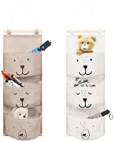 Gaomoeny 2 Stück Wand Hängen Tasche, Wand hängender Aufbewahrungstasche, Badezimmer Hängende Tasche, Faltbare Hängetasche Organizer mit 3 Taschen für Badezimmer Kinderzimmer Schlafzimmer(Braun, Weiß)