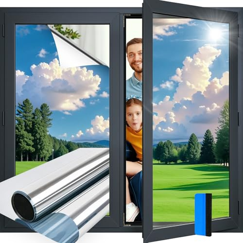 Aurathon Fensterfolie Sonnenschutz Spiegelfolie Fenster Sichtschutz 59.5x200cm mit Montagematerial UV-Schutz Hitzeschutz Selbsthaftend von Innen Durchsichtig von Aussen Wiederverwendbar Silber