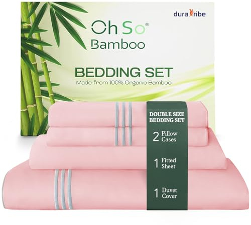 DURA TRIBE Oh So Bamboo Bedding Set 4 Piece Double - Rose Quartz - Hypoallergenic Duvet Cover, Fitted Sheet & 2 Pillowcases Made from 100% Organic Bamboo Viscose Cooling Silky-Soft & Smooth Material