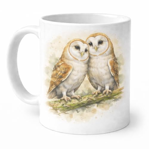 Brew Crew Gifts Barn Owl Pair Watercolour Mug, White Ceramic, 11 oz, Dishwasher Safe, Microwave Safe, Wildlife Theme, Woodland Companions