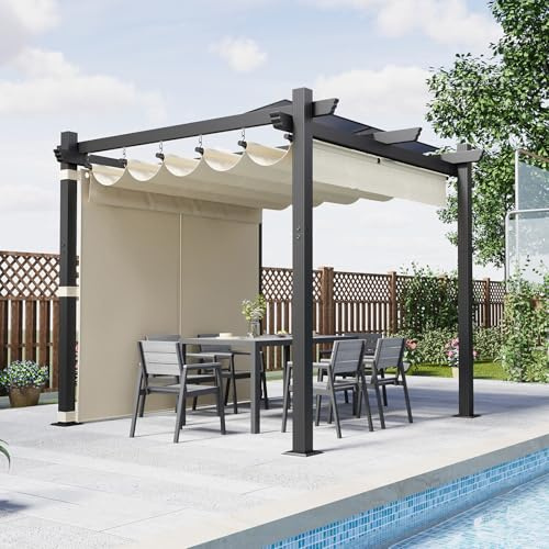 Devoko Aluminium Pergola mit Schiebedach, Verstellbarer Schattenfläche, UV-Schutz 50+, Pavillon 3x3 wasserdicht stabil Winterfest, Grillpavillon Metall für Gärten und Terrassen, Beige.