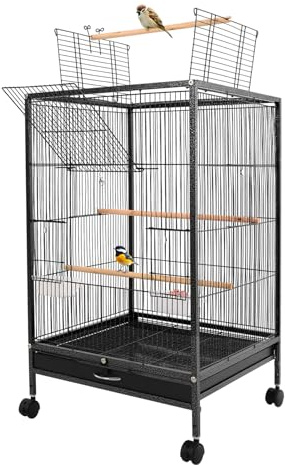 Vogelkäfig, 46x46x94cm Vogelvoliere mit Rädern, Vogelkäfig für Papageien, Spatzen, Unzertrennliche für Verschiedene Kleine und Mittelgroße Vögel wie Papageien, Spatzen (Schwarz)
