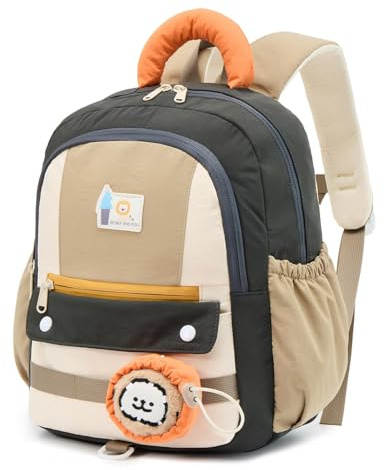 PROTAURI Kindergartenrucksack Mädchen Jungen 3-6 Jahre 14.2L, Khaki | mit Brustgurt reflektierend wasserabweisend leicht atmungsaktiv ergonomisch DIN A4 abnehmbares Plüschtier Retro Plüschtier