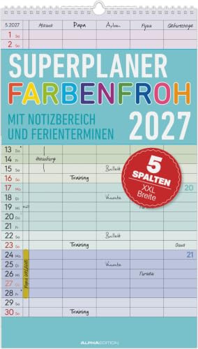 Superplaner Farbenfroh - 5 Spalten 2027: bunter Familienkalender 26x45 cm mit 5 Spalten, Schulferien, Feiertagen & Notizfeld, ideal für Familienorganisation