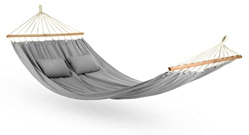 Hängematte 200x150, bis 200 kg, Outdoor Doppelhängematte für 1-2 Personen, aus Baumwolle mit Kissen für Garten, Balkon, Terrasse, Atmungsaktiv Hängematte für Kinder und Erwachsene, Grau