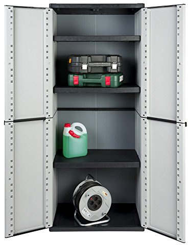 Kreher Kunststoffschrank Werkstattschrank, abschließbar, Grau | 3 höhenverstellbare Böden hinter zwei Türen, Maße 67 x 38 x 164 cm, für Keller und Garage