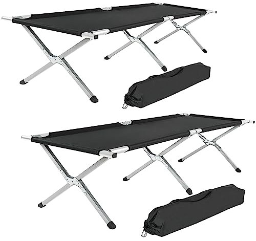 tectake® XL Alu Feldbett klappbar mit Transporttasche, Campingbett, Campingliege faltbar leicht, Camping Bett belastbar bis 150 kg, Zeltbett, Camping Bed, Feldbett, 190 x 70 x 45 cm - schwarz, 2er Set