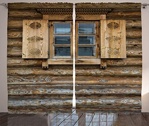 ABAKUHAUS Rustikal Rustikaler Gardine, Holzhaus Shutter, Schlafzimmer Kräuselband Vorhang mit Schlaufen und Haken, 280 x 245 cm, Beige Braun