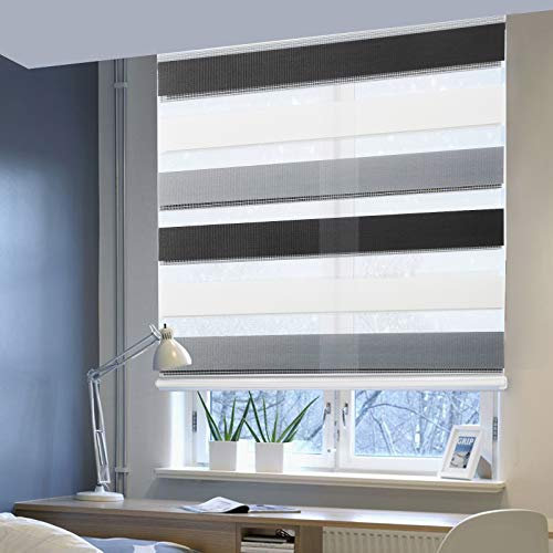 Doppelrollo ohne Bohren Klemmfix, Duo Rollo Seitenzugrollo mit Klämmträgern, Sicht und Sonnenschutz für Fenster Tür Wand, lichtdurchlässig u. Verdunkelnd (Weiß+Grau+Anthrazit, 85 x 150 cm)