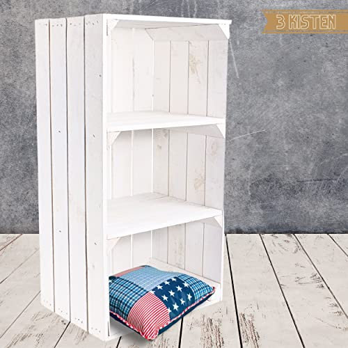 Kontorei Weiße Holzkiste mit 2 Mittelbrettern 68cm x 40cm x 31cm 3er Set Apfelkiste Obstkiste Weinkiste Holzregal Vintage Bücherregal Abstelltisch Garderobe