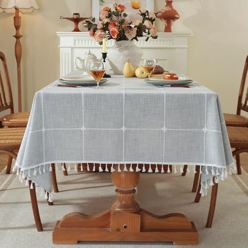 Pahajim Moderne Einfache Streifen Tischdecke Quaste Tischdecke Baumwolle Leinen Outdoor Tischdecke abwaschbar Küchentischabdeckung für Speisetisch(Grau Gitter,Rechteckig/Oval,140x180cm)