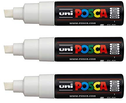 POSCA - Uni Mitsubishi Pencil - 3 Marqueurs Blanc PC8K - Pointe Biseautée Pointe Large 8 mm - Marqueur Peinture À Base d'Eau - Tout Support - Pour Papier, Textile, Verre, Galet, etc.