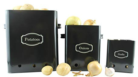 Black Kitchen Storage Tins, Set of 3 For Potatoes, Onion and Garlic