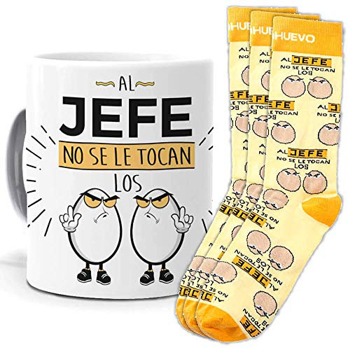 Taza y trio de calcetines, originales y personalizados, regalo divertido. Al jefe no se le tocan los huevos. 1 calcetin gratis por el que se te pierde