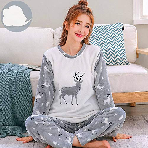 HAIBI Pyjama Femme Hiver, Pyjamas Ensemble De Pyjama Imprimé Élan Pull Corail Polaire Maison Costumes, X, Grand