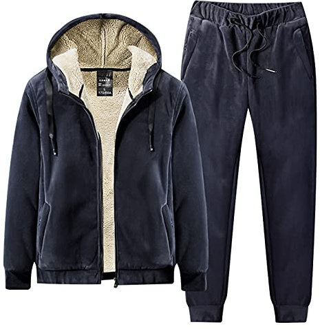 amropi Tuta da Uomo Vello Foderato Cappotto con Cappuccio e Pantaloni Inverno Caldo Jogging Tute Marina,XL