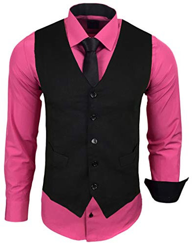 Baxboy Herren Hemd mit Weste Krawatte Anzugs Sakko Business Hochzeit Freizeit Hemden Frack Herrenweste Set wählbar B-44-HWKR, Farbe:Pink, Größe:S