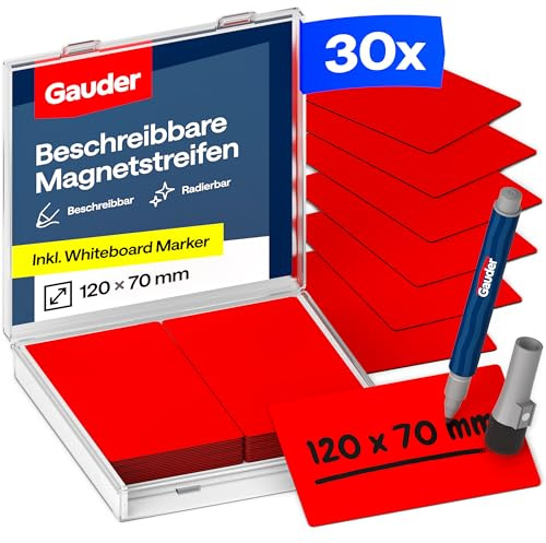 GAUDER Magnetetiketten beschreibbar - Wiederverwendbare Magnetschilder zum Beschriften für Whiteboard, Tafel, Kanban-Board und Kühlschrank - Magnetkarten mit Marker (30 Stück - 120 x 70 mm)