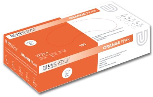 UNIGLOVES - Orange PEARL® Passgenaue Einweghandschuhe aus Nitril | Lebensmittelecht, puderfrei & latexfrei | hohe Festigkeit & Haltbarkeit | 100 Stück | Einmalhandschuh M