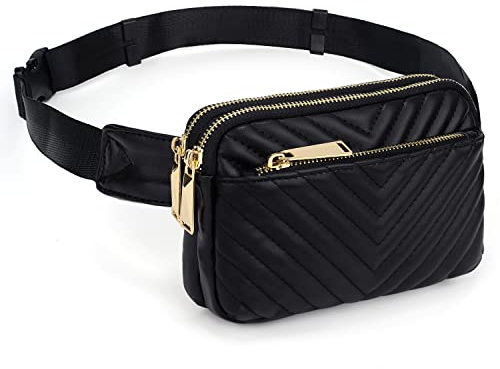 UTO Gürteltasche für Damen wasserdichte Bauchtasche Gesteppte Hüfttasche PU Leder Mode Schlanke Leichte Waist Pack Tasche mit 3 Reißverschlüsse Schwarz
