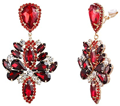Clearine Ohrclips Art Deco Marquise Teardrop Strass Kristall Stetement Clip-on Dangle Ohrringe für Damen Rubin-Rot Gold-Ton