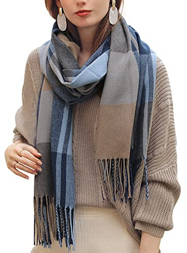 Camilife Damen Kaschmirimitat Schal Klassisch Großer Kariert Lange Schal Shawl Umhängetuch mit Fransen Elegant Damenschal Warm Weich Komfort Webschal für Herbst Winter 65×185cm - Grau Blau