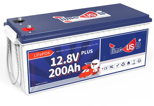 Timeusb Batteria al Litio 12V 200Ah Plus LiFePO4 con 200A BMS,Batteria Ricaricabile a 15000 Cicli,10 Anni di Durata,Energia Max.2560Wh Perfetto per Camper,Sistema Solare,Barche,Off-Grid