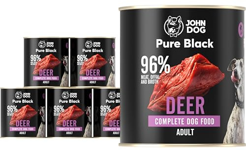 John Dog Hundenassfutter Pure Black Hirsch - Premium Getreidefreies Hundefutter mit 96% Fleisch - Monoprotein Nassfutter für ausgewachsene Hunde 6 x 800g
