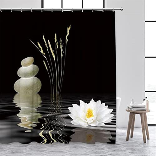 MEKPAM Shower Curtain Zen Green Bamboo Buddha Shower Curtains Water Candle Stone Lotus Plant Garden Scenery 3D Home Decor Cloth Hooks Bathroom Curtain 180X180cm/71X71 Inch