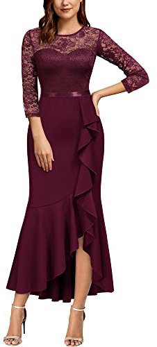 MISSMAY Women's Vintage Lace 2/3 Sleeves Evening Party Wedding Guest Formal Long Dress (Large, Burgundy)