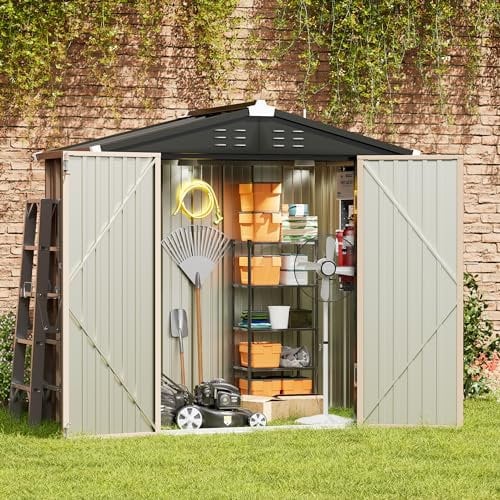 Amopatio Metal Garden Storage Shed 6x4 ft, Outdoor Tool Storage Shed 200x131x192 cm, BikeShed Waterproof with Lockable Door for Winter, Backyard, Patio, Garbage Bin, Tools, Brown