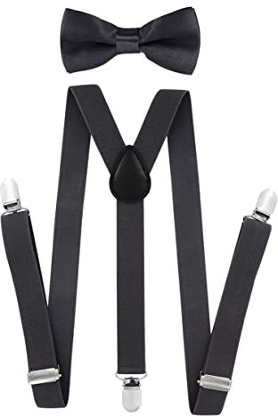 axy Kinder Jungen Hosenträger-Y Form 2,5cm breit mit Fliege - 3 Stabile Clips für Kinder 7-12 Jahre alt (Dunkelgrau)