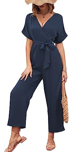 Damen Elegant Jumpsuit Kurzarm V-Ausschnitt Lang Overall Playsuit Sommer Hosenanzug Romper Casual Lose Breites Hosenbein Hosenanzug mit und Gürtel